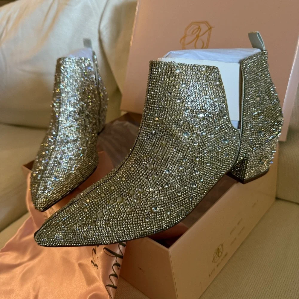 NEW Kate Whitcomb Brit Sparkly Rhinestone Boot Bootie Block High Heel Shoe Pearl